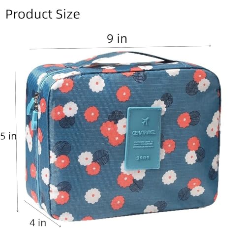 Large Capacity Travel Toiletry Bag, 9x5x4 Inch Makeup and Bathroom Organizer with Water-Resistant Fabric, Blue Floral Design