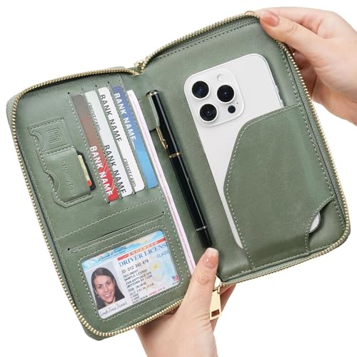 GOIACII Passport Wallet Travel Crossbody Bags for Women Wristlet Phone Purse Double Zip Vegan Leather Green - color: A05 Green