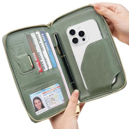GOIACII Passport Wallet Travel Crossbody Bags for Women Wristlet Phone Purse Double Zip Vegan Leather Green - color: A05 Green
