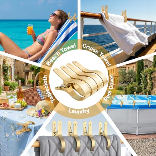 4 PCS Extra Large Beach Towel Clips,5.1 Inches Heavy Duty Aluminum Alloy + Stainless Steel Clip for Chairs,2.95 Inch Opening,Portable Windproof Cruise Ship Essentials,for Laundry,Camping and Travel - color: Gold