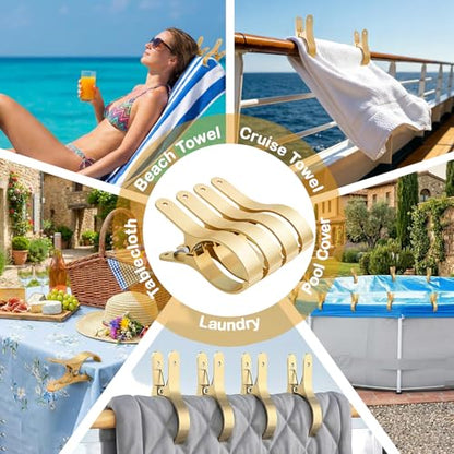 4 PCS Extra Large Beach Towel Clips,5.1 Inches Heavy Duty Aluminum Alloy + Stainless Steel Clip for Chairs,2.95 Inch Opening,Portable Windproof Cruise Ship Essentials,for Laundry,Camping and Travel - color: Gold