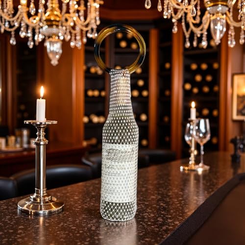 Munyee Hua Rhinestone Wine Bottle Holder Bag Reusable Tote Carrier Crystal Mesh Evening Purse with Ring Handle Gift Bags Carrier for Birthday Picnic Party Wedding (Brown Handle White Rhinestone) - color: Brown Handle White Rhinestone