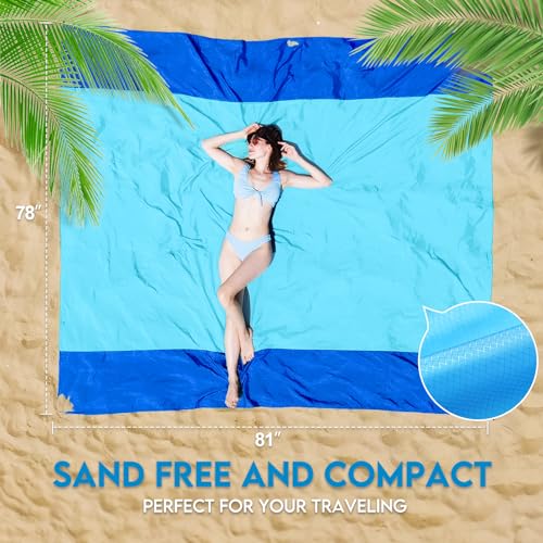BYDOLL Nylon Beach Blanket Waterproof Sandproof Oversized 7'x7' Suits 1-5 Adults Sand Free Extra Large Blanket Lightweight Soft Picnic Mat for Beach Travel Camping - color: Blue2, size: 7'x 7'