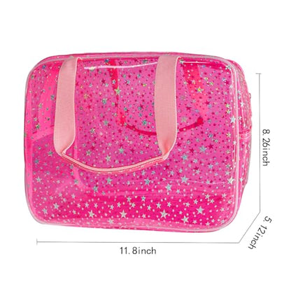 Hot Pink Star Large Cosmetic Bag 12x5x8 inch Travel Pouch with Handle,Durable PVC Material,Zipper Design-Ideal for Makeup,Travel Essentials - color: Pink