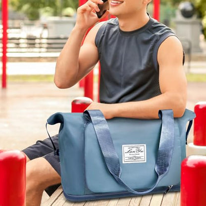 Ranslen Large Capacity Folding Travel Bag,Expansion Travel Duffel Bag with Dry and Wet Separation Portable Travel Duffel Bag - color: Blue