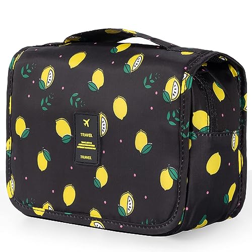 Travel Toiletry Bag for Women, Hanging Toiletry Bag with Multi-Pockets, Toiletry Bag for Traveling Easy Clean, Travel Organizer Bag Black-Lemon - color: Black-lemon
