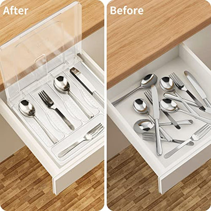 Utensil Holder for Countertop with Lid, Plastic Silverware Tray for Drawer, 5 Compartments Flatware Organizer,Transparent - color: Transparent