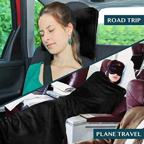 PAVILIA Travel Blanket Pillow, Soft Airplane Blanket 2-in-1 Combo Set, Plane Blanket Compact Packable, Flight Essentials Car Pillow, Travelers Gifts Accessories, Luggage Backpack Strap, 60x43 Black - color: Black