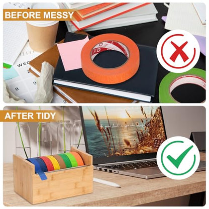 Wood Masking Tape Dispenser Fits 1" and 3" Core Large Tape Dispenser 3 Inch Core Painters Tape Dispenser Multi Roll Tape Holder Craft Tape Dispenser with 8 Pcs 3 Inch Core for Heat Tape (No Tape)