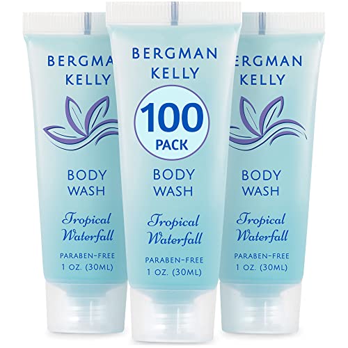 BERGMAN KELLY Travel Size Body Wash (1 fl oz, 100 PK, Tropical Waterfall), Delight Your Guests with an Invigorating and Refreshing Hotel Body Wash, Mini and Small Size Guest Hotel Toiletries in Bulk - size: 1 Fl Oz (Pack of 100)