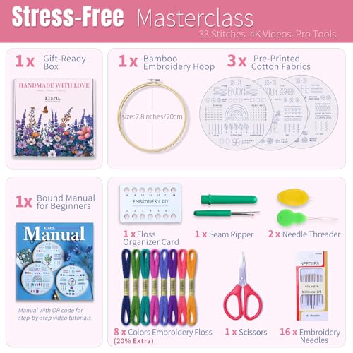 ETSPIL Embroidery Starter Kit for Adults, 3 Simple Patterns to Master 33 Stitches, Easy Step-by-Step 4K HD Video Tutorials & Bound Guide, DIY Craft Gift for Teens - color: simple A