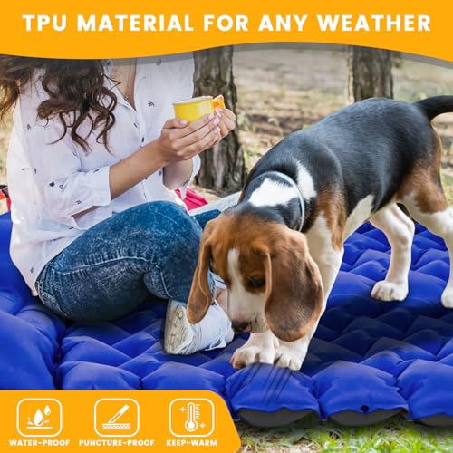 Camping Sleeping Pad 4-Inch Thick with Foot Pump & Pillow, Inflatable Sleeping Mat for Side Sleepers, Stays Firm All Night, Lightweight for Hiking, Backpacking & Tent Camping - color: Royal Blue+gray