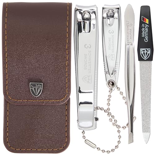 3 Swords Germany - Brand Quality 4 piece Manicure Pedicure Grooming kit Set for Professional Finger & Toe Nail Care Tweezers File Clipper Brown Synthetic Leather case - Made by 3 Swords - color: Brown