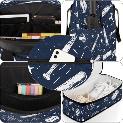 Travel Duffel Bag Baseball Star Print Weekender Bag with Shoe Compartment Foldable Overnight Bags for Travel Sports Lightweight Gym Bags for Men Women - color: Baseball Star Print