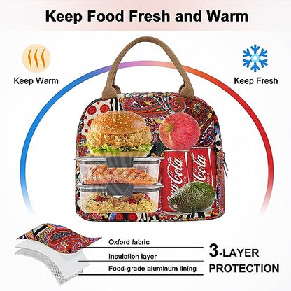 EurCross Aesthetic Lunch Box Bag for Women Daily Use,Boho Stylish Elegant Canvas Insulated Adult Lunch Bento Box Tote Bag - color: Boho-red