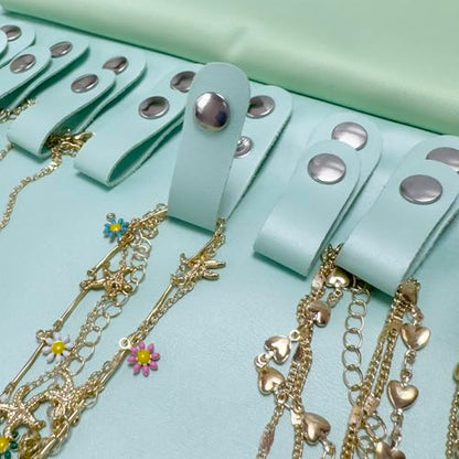 UnionPlus Travel Jewelry Roll, Faux Leather Necklaces Organizer Bag, Elastic Band and Anti-winding, Mint Green - color: Leather Mint Green, size: Medium