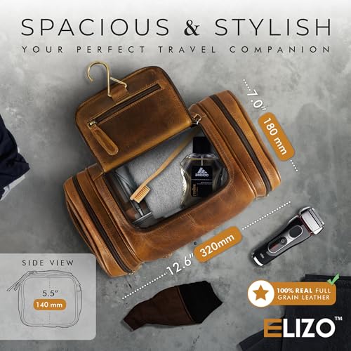 ELIZO Genuine Leather Toiletry Bag for Men Mens Toiletry Bags for Traveling Waterproof Hanging Leather Dopp Kit w/Hook Extra largeToiletry Bag Travel Organizer for Toiletries - size: X-Large