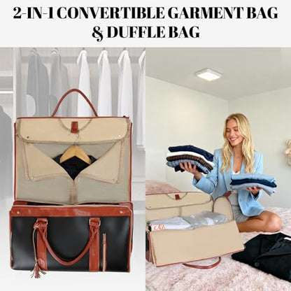 Geestock Garment Duffle Bags for Travel, Convertible Carry On Garment Bag with Shoe Pouch & Shoulder Strap, 2 in 1 Foldable PU Leather Suit Travel Bag for Women & Men, Black - color: Black and Brown