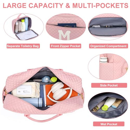 Letter Travel Duffle Bags for Women - Initial Personalized Weekender Bag with Shoe Compartment Carry On Overnight Bag with Toiletry Bag Duffel Bags Hospital Bags Birthday Gifts Pink (Letter M) - color: Z-Pink M