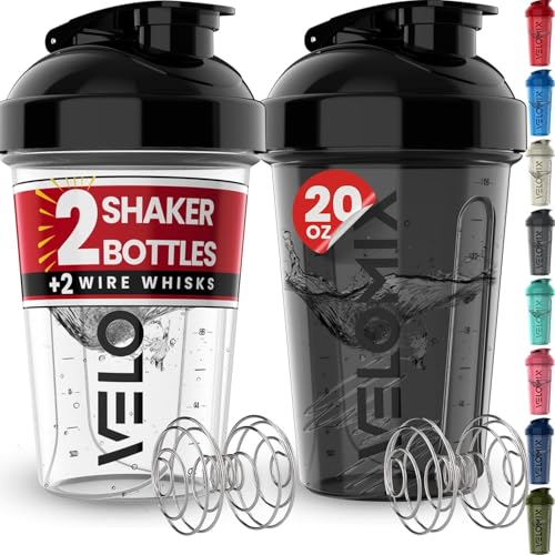 VELOMIX -2 Pack- 20 oz Protein Shaker Bottles for Protein Mixes - 2x Wire Whisk | Leak Proof Shaker Cups for Protein Shakes and Pre Workout | Protein Shaker Bottle Pack (Black/Transparent) - color: A1) Black / Transparent