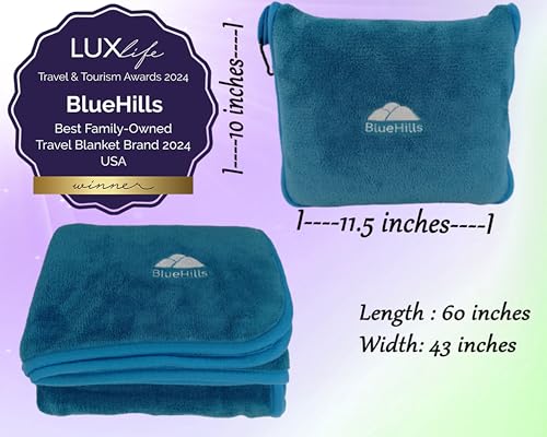 BlueHills Premium Soft Travel Blanket Pillow Airplane Blanket in Soft Bag case with Hand Luggage Belt and Carabiner Compact Pack Large Cozy Plane Car Train Teal Blue T022 - color: Tealblue-1pk-t022