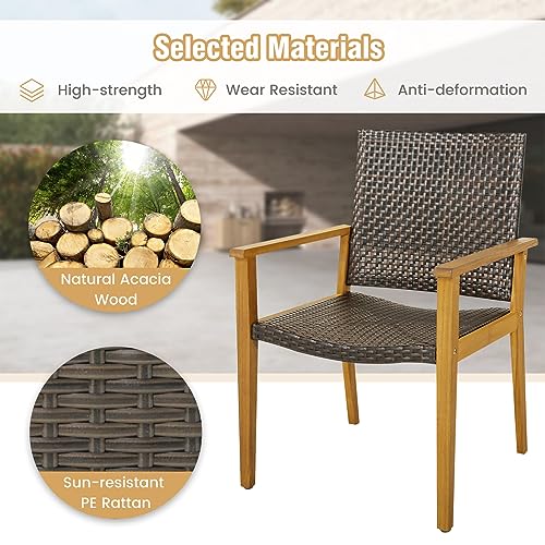 Tangkula 5 Pieces Patio Dining Set, 4 Patio Wicker Armchairs and Round Acacia Wood Dining Table, Outdoor Table and Chairs Set for Backyard, Poolside, Garden