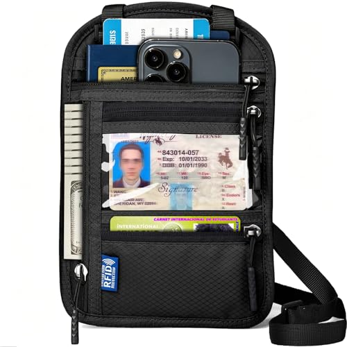 Neck Wallet for Travel, RFID Blocking Passport Holder - Slim Travel Pouch with Adjustable Strap | Holds Phone, Cards, Cash, Documents | Water-Resistant & Secure for Men & Women - color: Black