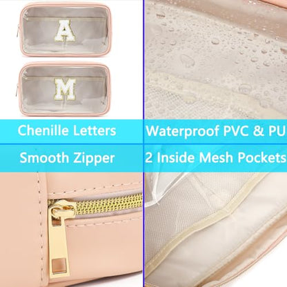 Fammart Clear Makeup Bag with 2 Customizable Chenille Letters - Waterproof PU Leather Cosmetic Case, Large Personalized Toiletry Pouch for Women & Teens, Ideal for Travel & Gift - color: Clear, Large - Pink