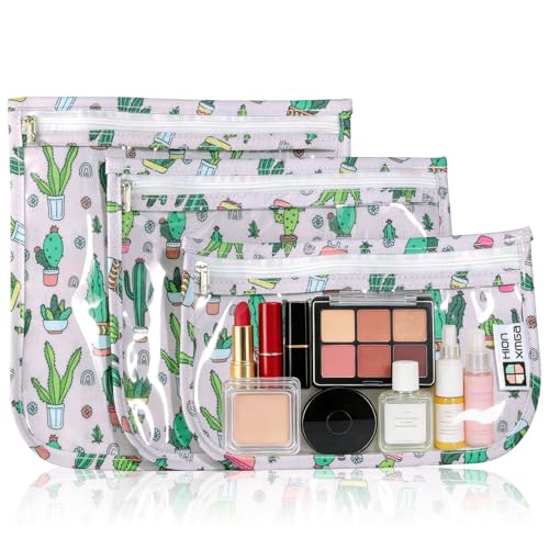 HIONXMGA TSA Approved Toiletry Bag, Set of 3 Clear Travel Toiletry Bag Quart Size Zipper Travel Pouch, Waterproof Makeup Cosmetic Bag for Women Men Kids Toiletries Carry on, Cacti A - color: Cacti a, Mixed Sizes