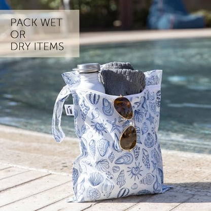 Bumkins Roamio Wet Bag and 3-Pack Clear-Sided Travel Pouches, Waterproof Fabric Organizer for Toiletries, Gym Clothes, Swim Gear, Shoes, Accessories, TSA Compliant Packing Set, Blue Shells 4-pc Set - color: Blue Shells