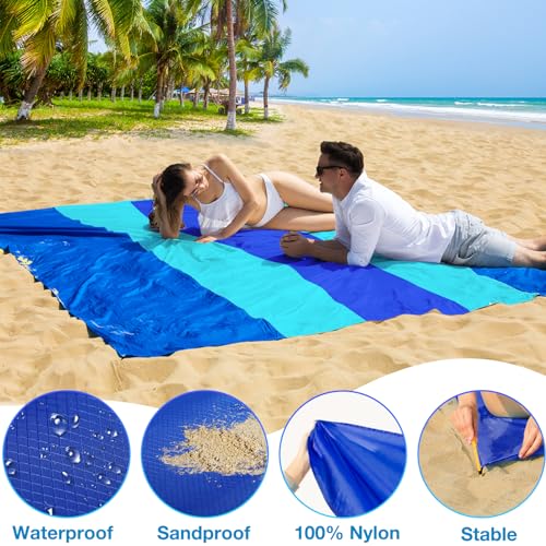 BYDOLL Nylon Beach Blanket Waterproof Sandproof 78''x110'' Suits 1-7 Adults Oversized Sand Free Extra Large Blanket Lightweight Soft Picnic Mat for Beach Essentials - color: Blue Mix, size: 78''x 110''