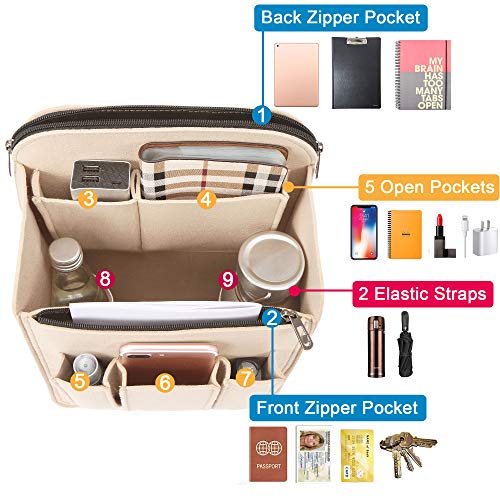 Yoillione Felt Backpack Organizer Insert for Women and Men, Large Travel Rucksack Insert with High Capacity, Lightweight Bag Organizer with Zipper Pockets - color: Beige, size: Large