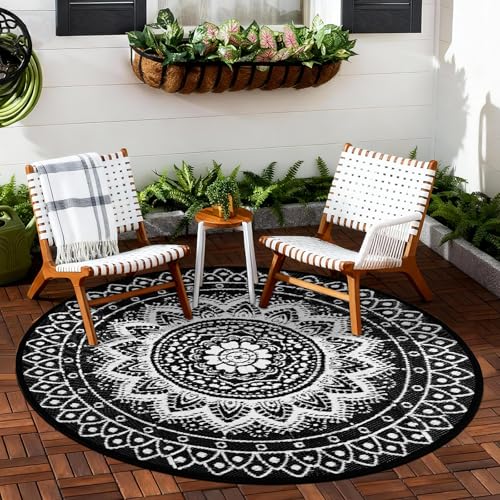 Round Outdoor Rugs for Patios, 5Ft Waterproof Reversible Plastic Straw Mat with Carry Bags, Boho Lightweight Outdoor Carpet Portable Round Floor Mat for Patio Camping Picnic Backyard RV,Black & White - color: Black & White, size: 5' (Round)