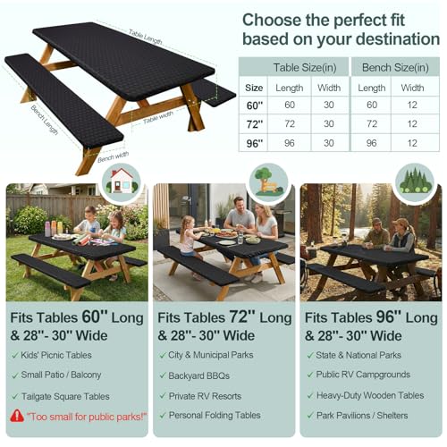 Picnic Table Cover with Bench Covers Camping Essentials Waterproof Windproof Camping Tablecloth with Drawstring Bag, Fitted Rectangle Tables and Seats, 96in, Black - color: Black, size: 96in