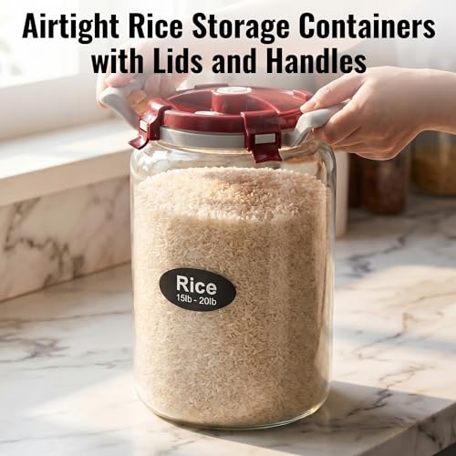 2.6 Gallon Glass Rice Storage Container with Airtight Lid & Handle, 10L Large Glass Food Storage Jar for 20 lb Rice or 10 lb Flour, Wide Mouth Pantry Canister with Silicone Base