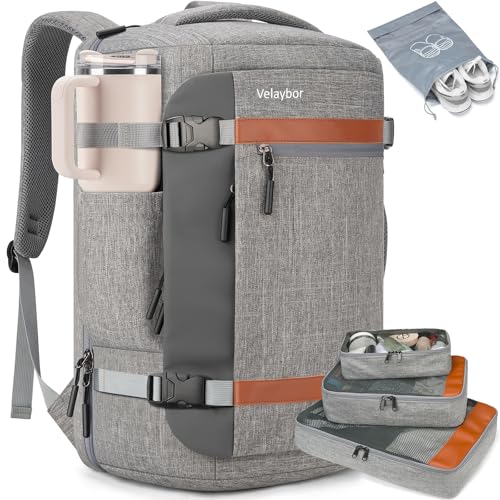 42L Travel Backpack with 4 Packing Cubes, TSA Friendly Flight Approved Carry-On Bag with USB Charging Port, Water-Resistant Weekender Business Backpack for Men Women, Fits 17.3" Laptop(Grey) - color: Grey