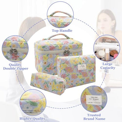 Gosect 3pc Makeup Bag Set, Quilted Makeup Bag Set, Large Floral Cosmetic Bag for Women, Cute Cotton Makeup Bags, Flower Travel Toiletry Organizer Bag (Large Flower) - color: Big Flower