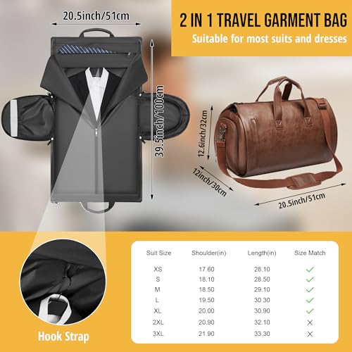 Convertible Garment Bag, Carry on Garment Duffel Bag with Shoulder Strap, Men's Women's Travel Clothing Bag with Shoe Compartment, 2-in-1 Hanging Suitcase Suit Business Travel Bag (Brown) - color: Brown