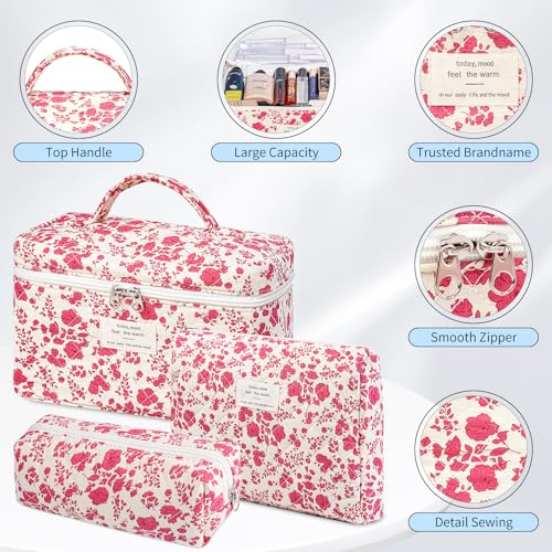 senbowe Floral Makeup Bag, 3 Pack Large Cotton Quilted Makeup Bag Set, Cute Floral Coquette Aesthetic Toiletry Bag Make Up Cosmetic Bag for Women, Toiletry Travel Make Up Organizer Bag - color: Rose Red Flower