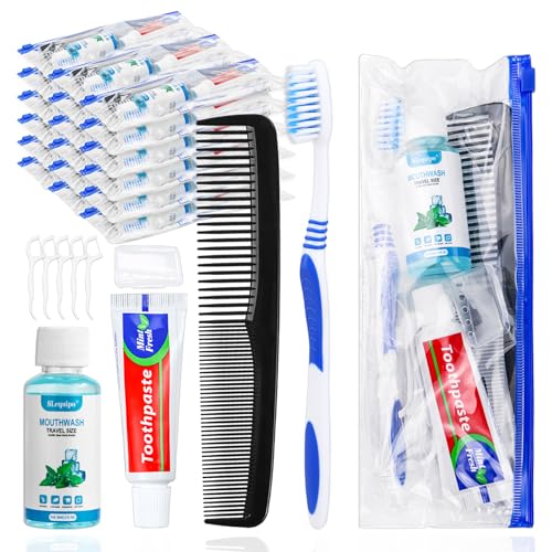 50 Set Travel Toothbrush Kit Bulk,Disposable Toothbrush with Toothpaste Set with Mouthwash,Toothpaste,Cover,Comb,Zip Bag,Floss Picks,Toothbrushes Set for Homeless,Travel - size: 1 Count (Pack of 50)