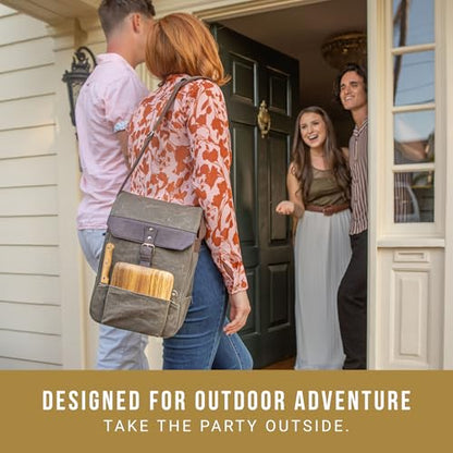 PICNIC TIME 2 Bottle Insulated Wine Bag with Cheese Board and Knife Set - Wine Picnic Bag - Distressed Waxed Canvas Wine Tote, (Khaki Green with Brown Accents) - color: Khaki Green With Brown Accents