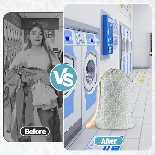 Laundry Bag, Dirty Backpack Laundry Bag For College Travel Laundromat Apartment, With Handles 29" X 18" (Blue Florals) - color: Blue Florals