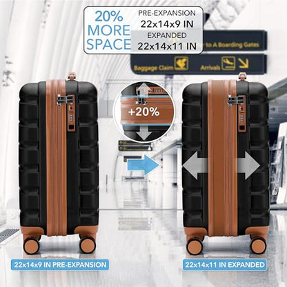 Flight Knight 22x14x9 Expandable Carry On Suitcase Hardside TSA Lock USB C Port Lightweight Luggage Silent Double Spinner Wheels Maximum Overhead Carry-On Bag American United Approved Black/Tan - color: Black/Tan, size: 22x14x9"