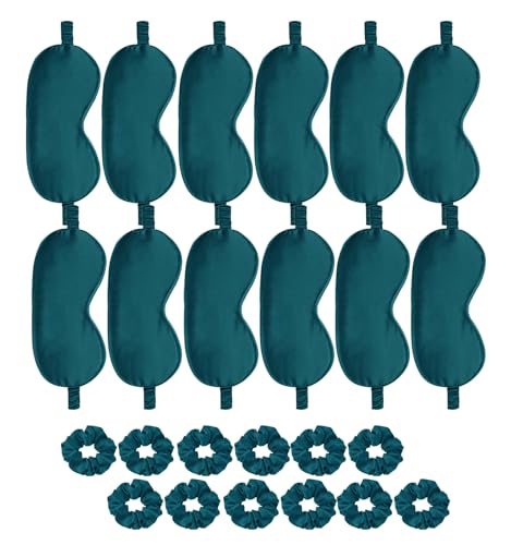 24Pcs Satin Eye Mask Silk Sleep Masks Silky Eyes Cover Blackout Blindfold Eyeshade Scrunchies Hair Ties Travel Wedding Gift - color: Peacock Blue