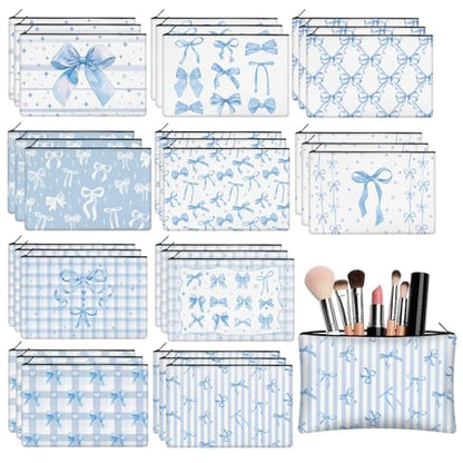 30 Pcs Blue Bow Makeup Bags Coquette Cosmetic Zipper Pouches with Elegant Blue Bow Makeup Bag Bulk Canvas Cosmetic Travel Toiletry Pouch for Women Bridesmaids Wedding Favors - style: Blue Bow
