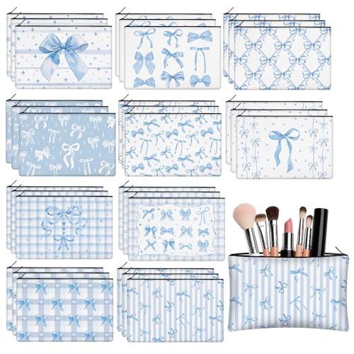 30 Pcs Blue Bow Makeup Bags Coquette Cosmetic Zipper Pouches with Elegant Blue Bow Makeup Bag Bulk Canvas Cosmetic Travel Toiletry Pouch for Women Bridesmaids Wedding Favors - style: Blue Bow