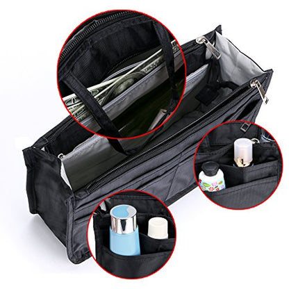 BTSKY Printing Handbag Organizers Inside Purse Insert - High Capacity 13 Pockets Bag Tote Organizer with Handle (Black) - color: Black