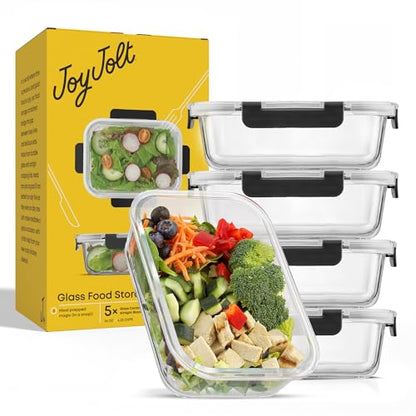 JoyJolt Glass Food Storage Containers with Lids. 5 Pack Glass Meal Prep Containers Reusable 35oz Single Compartment Airtight Container Set. Lunch Containers for Adults and Kitchen Storage Containers - color: Black