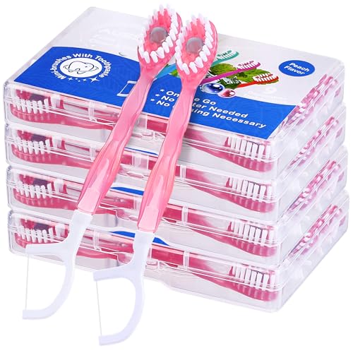 36 Pack Mini Disposable Toothbrushes – 5-in-1 Prepasted Travel Toothbrush with Toothpaste Floss & Pick for Hotel Camping Flight Car Guest Use – 9ct per Portable Case Essentials for Women Men Kids - color: 36 Pack Peach Flavor