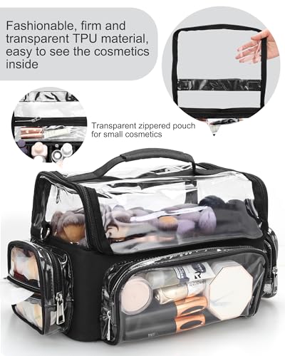 Makeup Brush Bag, Makeup Brush Case for Makeup Artist with Plastic Dividers Washable, Portable Travel Makeup Train Case with Clear Waterproof Cover for Easy to Clean and Find with Adjustable Strap - color: Clear+Black